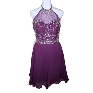 Y2K Cocktail Mini Dress Womens Size 6 Purple New Illusion Halter Chiffon Beaded